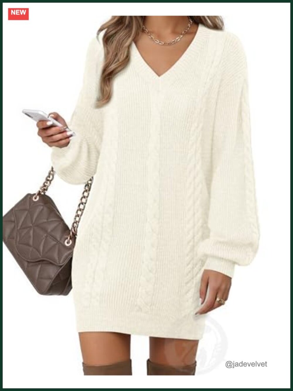 Women's V Neck Lantern Sleeve Knit Mini Sweater Dress Casual